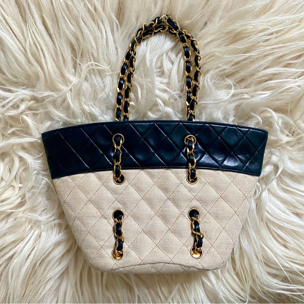 Chanel Vintage Navy Canvas Beige Mini Tote Bag